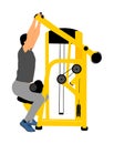 Sport man exercises in gym on fitness machine isolated on white background. Multi functional gym equipment. Pressure chest