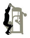 Sport man exercises in gym on fitness machine silhouette isolated on white background. Multi functional gym equipment.