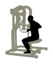 Sport man exercises in gym on fitness machine silhouette isolated on white. Multi functional gym equipment. Pressure chest