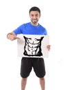 Sport man holding billboard with six pack abdomen draw advertising marketing of gym fitness club Royalty Free Stock Photo