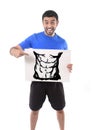 Sport man holding billboard with six pack abdomen draw advertising marketing of gym fitness club Royalty Free Stock Photo