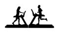 Sport man running on treadmill in gym  silhouette. Boy on running track cardio training. Fitness lady instructor trainer. Royalty Free Stock Photo