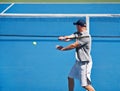 Sport, man and tennis on court with training, competition and performance outdoor with fitness and energy. Athlete Royalty Free Stock Photo