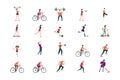 Fitness people flat icon set. Sport man and woman cartoon character isolated on white.