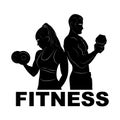 Sport. Man and woman in training. Fitness. Silhouette. Dumbbells. Logo. GYM. Bodybuilding Royalty Free Stock Photo