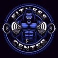 Sport mascot of a gorilla bodybuilder with dumbbells