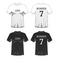 Sport Men`s t-shirt with short sleeve in front and back views. Black and White or Design editable color. Mock up of sport wear