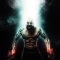 Sport and motivation wallpaper on dark background. Power athletic guy bodybuilder. Fire and energy Royalty Free Stock Photo