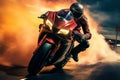 Sport motorcycles race on track, extreme athletes in high speed pursuit of victory