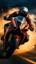 Sport motorcycles race on track, extreme athletes in high speed pursuit of victory