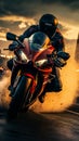 Sport motorcycles race on track, extreme athletes in high speed pursuit of victory