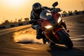 Sport motorcycles racing on a track, rider speeding at sunset