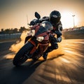 Sport motorcycles racing on a track, rider speeding at sunset