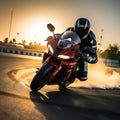 Sport motorcycles racing on a track, rider speeding at sunset