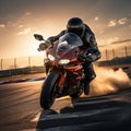 Sport motorcycles racing on a track, rider speeding at sunset