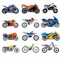 Sport motorcycles transport vector illustration set of cartoon motobikes collection.