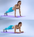 Muscular woman on a plank position use fitness gum. Muscular and strong girl exercising.