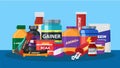 Sport nutrition biologically active additives supplements vector illustration. Jars with sport nutrition pills for