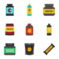 Sport nutrition icons set, flat style