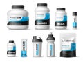 Sport nutrition labels. Realistic whey protein package design, vitamins, powder, protein bar wrapper, fitness shaker and Royalty Free Stock Photo