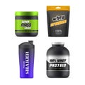 Sport nutrition packages and plastic jars, 3D mockup templates Royalty Free Stock Photo