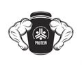 Sport nutrition. Protein jar. Fitness. Protein, dumbbell, energy drinks. Bodybuilding food supplement monochrome vector