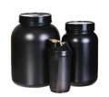 Sport Nutrition Set, Whey Protein and Gainer. Black Plastic Jars Royalty Free Stock Photo