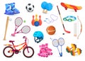 Sport object set isolated on white, active hobby game items and accessories, vector illustration