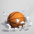 Sport orange ball for basketball crashed into the ground at high speed and breaks into shards, cracks after perfect hit.