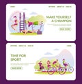 Sport outdoor, healthy man woman character lifestyle, landing banner. Make yourself champion, time for sport banner set