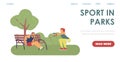 Sport in parks website with people training outdoors, flat vector illustration.