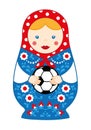 Russian cute traditional toy nesting doll girl matroshka with football.