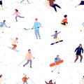 Sport pattern. Winter activity, snowboard ski skating adults and children. Season snow active time vector background Royalty Free Stock Photo