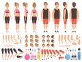 Sport people animation. Fitness male and female workout mascots body parts vector creation kit