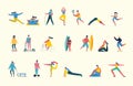 Sport people flat icons set with men and women cycling playing football and tennis