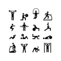 Sport people icons. Gym lifting warm-up stretch symbols, fitness poses pictograms, sports exercises athlete vector