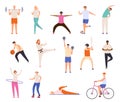 Sport people. Men and women exercise, workout, doing yoga and fitness, run and playing basketball. Healthy lifestyle