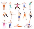 Sport people. Men and women exercise, workout, doing yoga and fitness, run and playing basketball. Healthy lifestyle characters Royalty Free Stock Photo