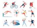 Sport people, professional athlete gymnast, boxer, runner. Athletic characters playing baseball, soccer, hockey, sports