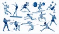 Sport people set. Collection of different sport activity. Professional athlet doing sport. Basketball, football,karate,tennis,