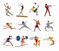 Sport people set. Collection of different sport activity. Professional athlet doing sport. Basketball, football,karate Royalty Free Stock Photo