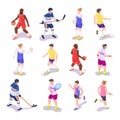 Sport people set, vector illustration. Isometric basketball football, volleyball, hockey, tennis players, athlete runner Royalty Free Stock Photo