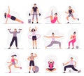 Sport people. Young athletic woman fitness activities, sports man and gym exercises vector illustration set Royalty Free Stock Photo