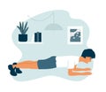 Young athletic man doing elbow plank exercises in apartment room