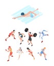 Sport players. Isometric characters peoples playing olympic games football volleyball ski tennis runners jumpers vector