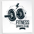 Sport popularization inspirational vector poster made using disc weight dumbbell sport equipment and decorated with lightning