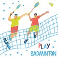 Sport poster doubles badminton game with net and jumping men.