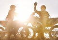 Sport, racer or people on motorcycle outdoor on dirt road and relax after driving, challenge or competition. Lens flare