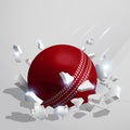 Sport red cricket ball crashed into the ground at high speed and breaks into shards, cracks after perfect hit. Inflicting heavy
