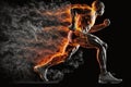 Sport. Runner. Side view of a jogger legs with the power in the veins isolated on black. Fire and energy Generative AI Royalty Free Stock Photo